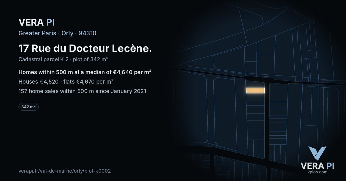 17 Rue du Docteur Lecène, Orly at night – the plot lit, the parcels around coloured by the prices near them