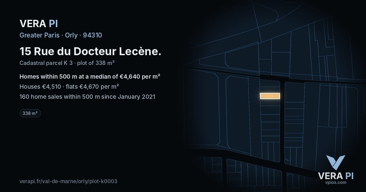 15 Rue du Docteur Lecène, Orly at night – the plot lit, the parcels around coloured by the prices near them