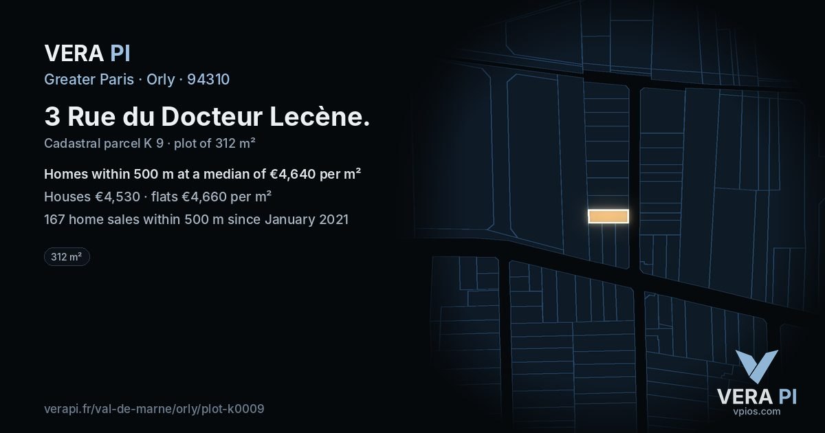 3 Rue du Docteur Lecène, Orly at night – the plot lit, the parcels around coloured by the prices near them