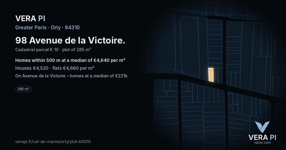 98 Avenue de la Victoire, Orly at night – the plot lit, the parcels around coloured by the prices near them