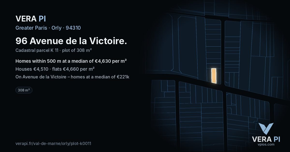 96 Avenue de la Victoire, Orly at night – the plot lit, the parcels around coloured by the prices near them