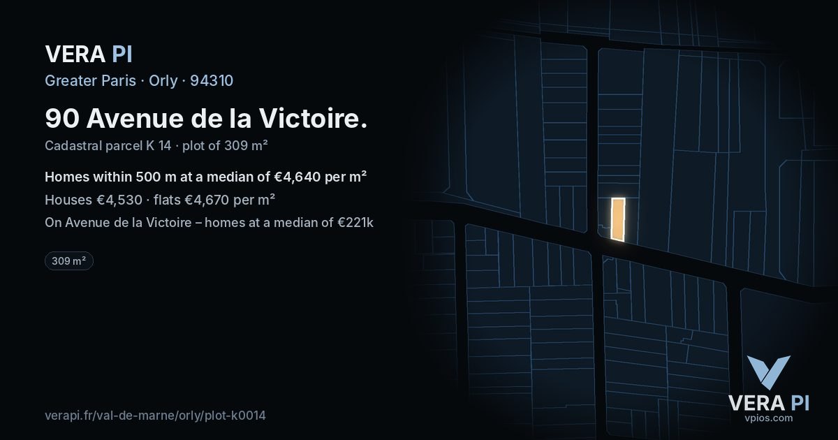 90 Avenue de la Victoire, Orly at night – the plot lit, the parcels around coloured by the prices near them