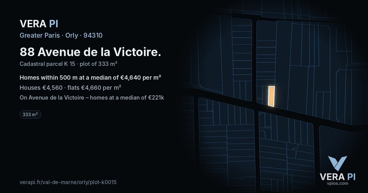 88 Avenue de la Victoire, Orly at night – the plot lit, the parcels around coloured by the prices near them