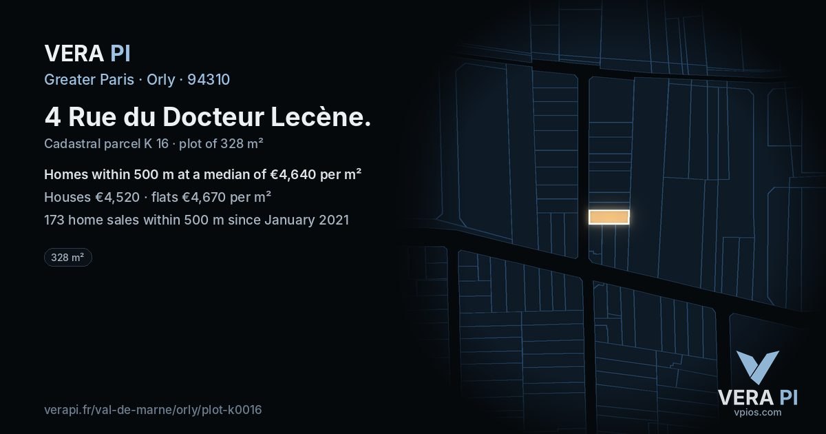 4 Rue du Docteur Lecène, Orly at night – the plot lit, the parcels around coloured by the prices near them