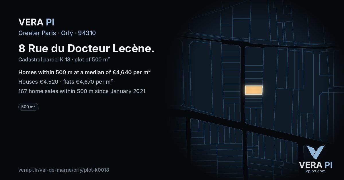 8 Rue du Docteur Lecène, Orly at night – the plot lit, the parcels around coloured by the prices near them