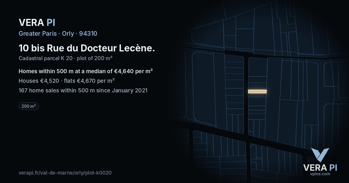 10 bis Rue du Docteur Lecène, Orly at night – the plot lit, the parcels around coloured by the prices near them