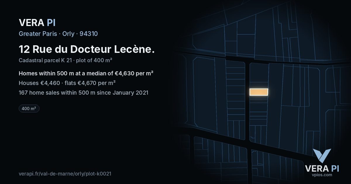 12 Rue du Docteur Lecène, Orly at night – the plot lit, the parcels around coloured by the prices near them