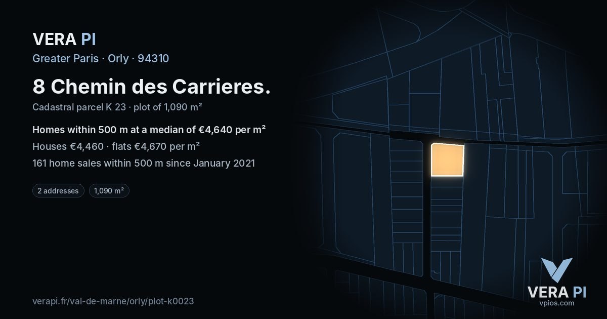 8 Chemin des Carrieres, Orly at night – the plot lit, the parcels around coloured by the prices near them