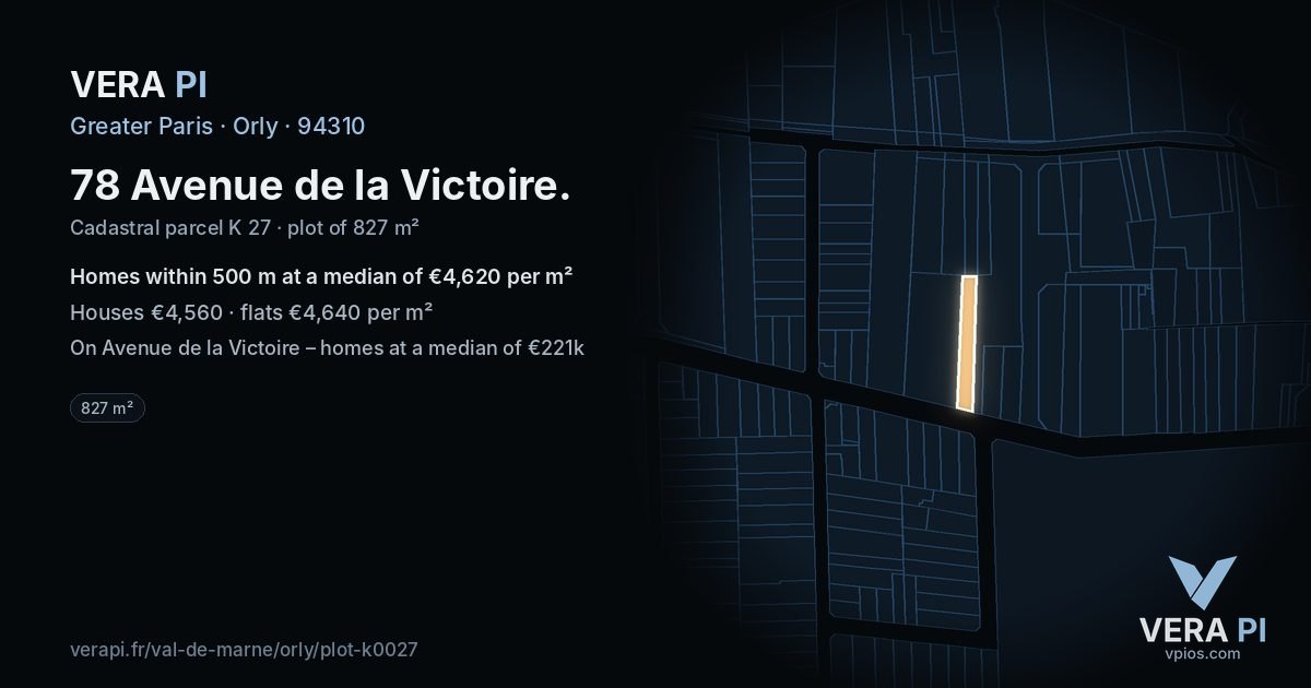 78 Avenue de la Victoire, Orly at night – the plot lit, the parcels around coloured by the prices near them