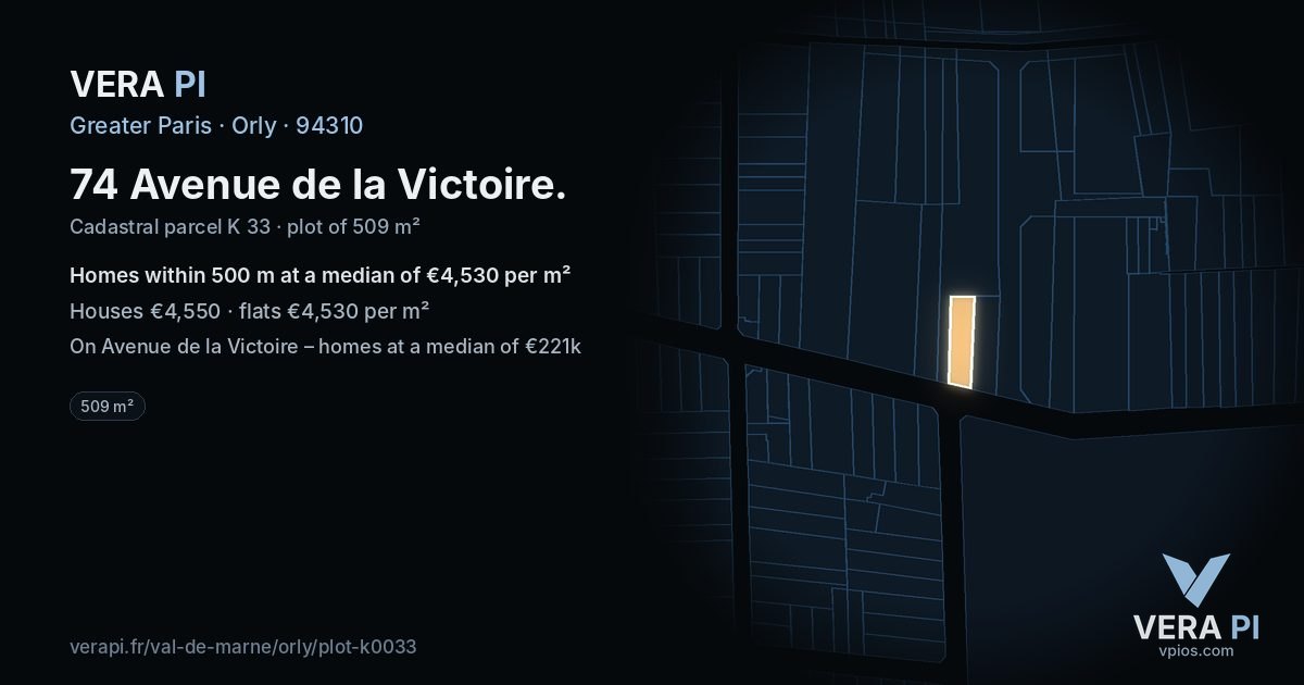 74 Avenue de la Victoire, Orly at night – the plot lit, the parcels around coloured by the prices near them