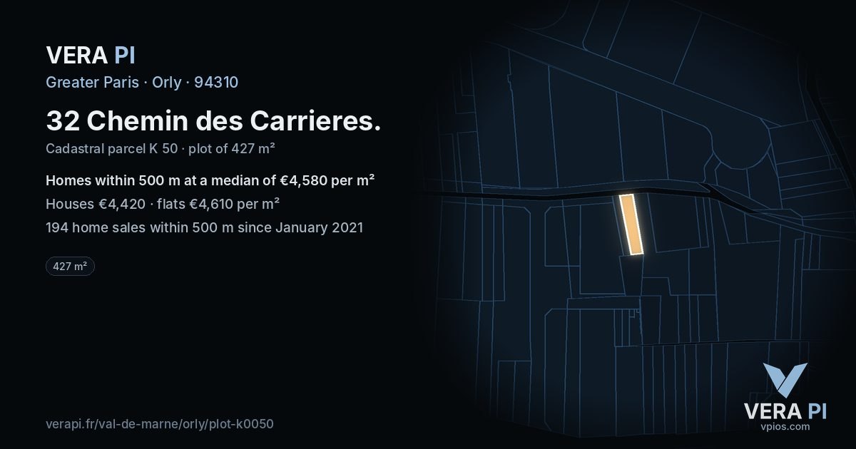 32 Chemin des Carrieres, Orly at night – the plot lit, the parcels around coloured by the prices near them