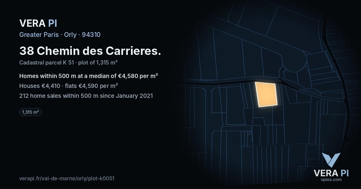 38 Chemin des Carrieres, Orly at night – the plot lit, the parcels around coloured by the prices near them