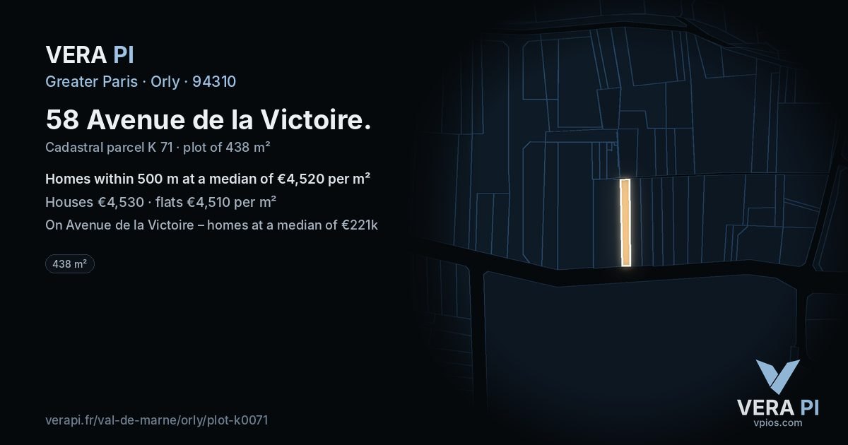 58 Avenue de la Victoire, Orly at night – the plot lit, the parcels around coloured by the prices near them