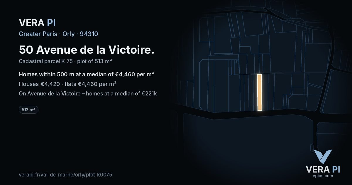 50 Avenue de la Victoire, Orly at night – the plot lit, the parcels around coloured by the prices near them
