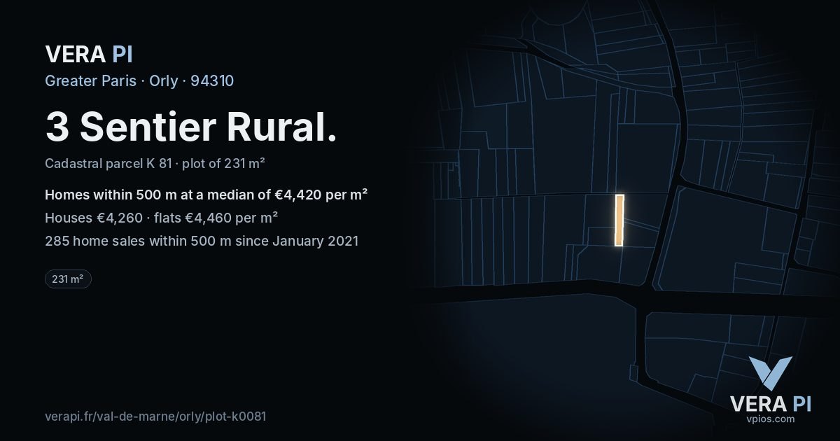 3 Sentier Rural, Orly at night – the plot lit, the parcels around coloured by the prices near them
