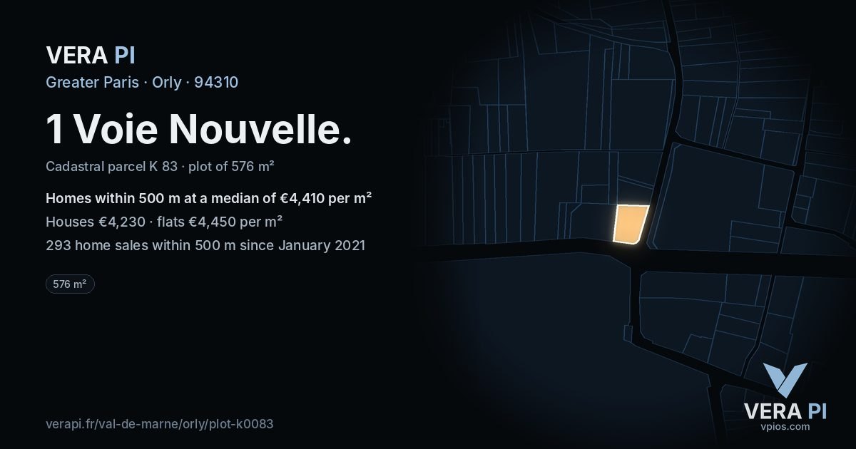 1 Voie Nouvelle, Orly at night – the plot lit, the parcels around coloured by the prices near them