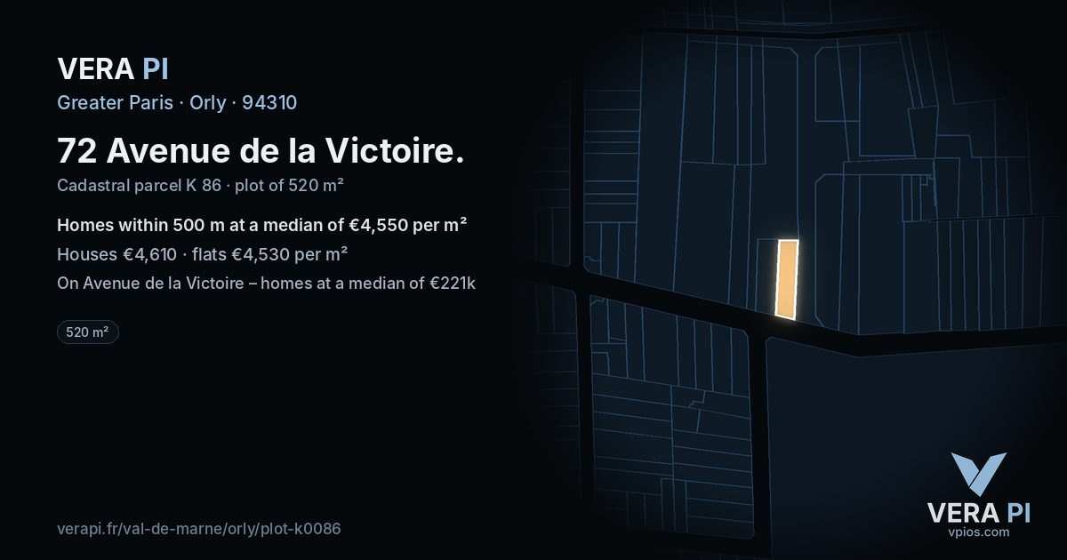 72 Avenue de la Victoire, Orly at night – the plot lit, the parcels around coloured by the prices near them