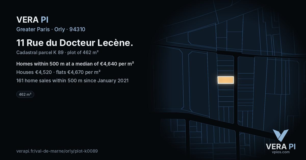 11 Rue du Docteur Lecène, Orly at night – the plot lit, the parcels around coloured by the prices near them