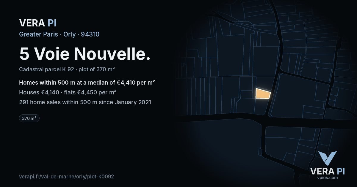 5 Voie Nouvelle, Orly at night – the plot lit, the parcels around coloured by the prices near them
