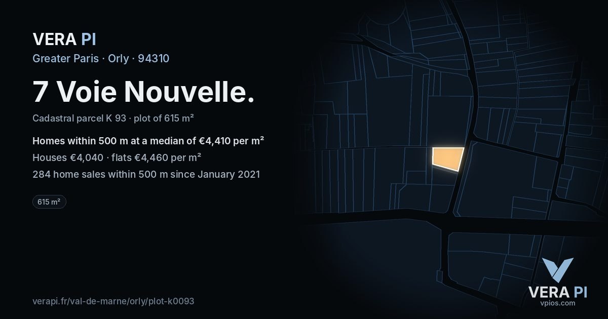 7 Voie Nouvelle, Orly at night – the plot lit, the parcels around coloured by the prices near them