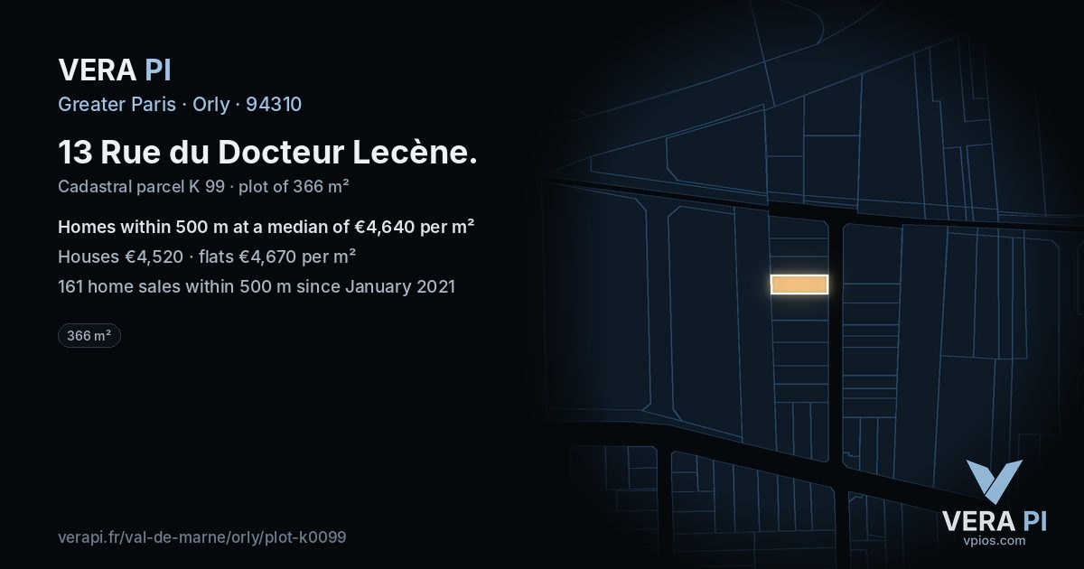13 Rue du Docteur Lecène, Orly at night – the plot lit, the parcels around coloured by the prices near them