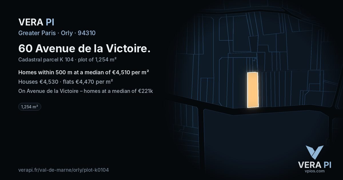 60 Avenue de la Victoire, Orly at night – the plot lit, the parcels around coloured by the prices near them