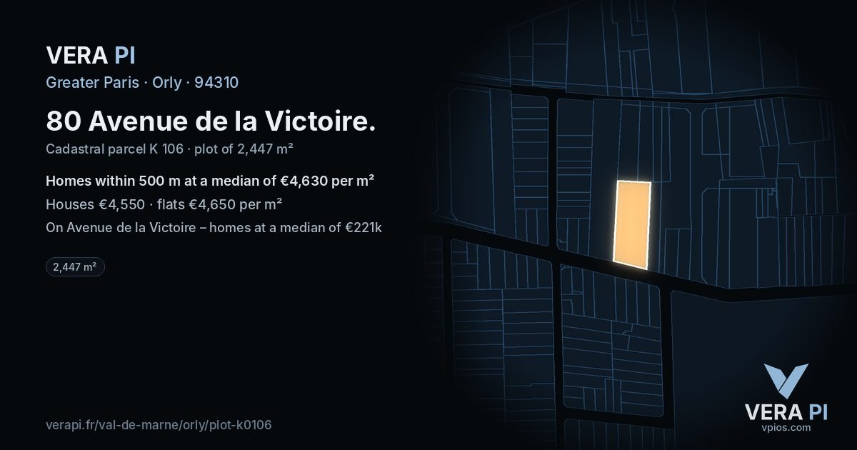 80 Avenue de la Victoire, Orly at night – the plot lit, the parcels around coloured by the prices near them