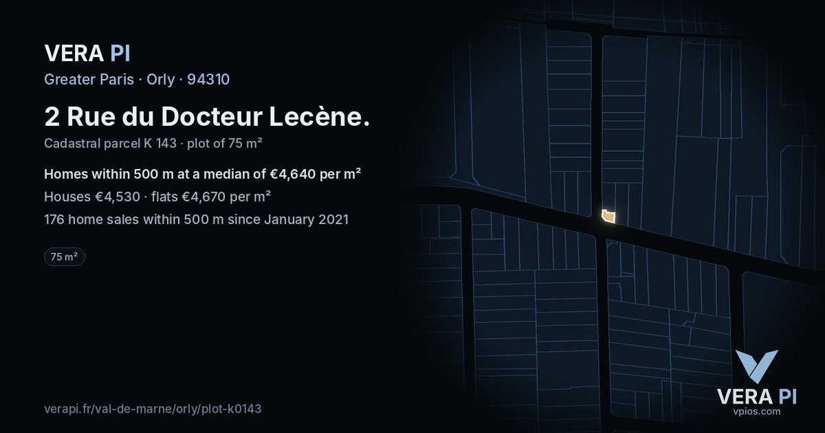 2 Rue du Docteur Lecène, Orly at night – the plot lit, the parcels around coloured by the prices near them
