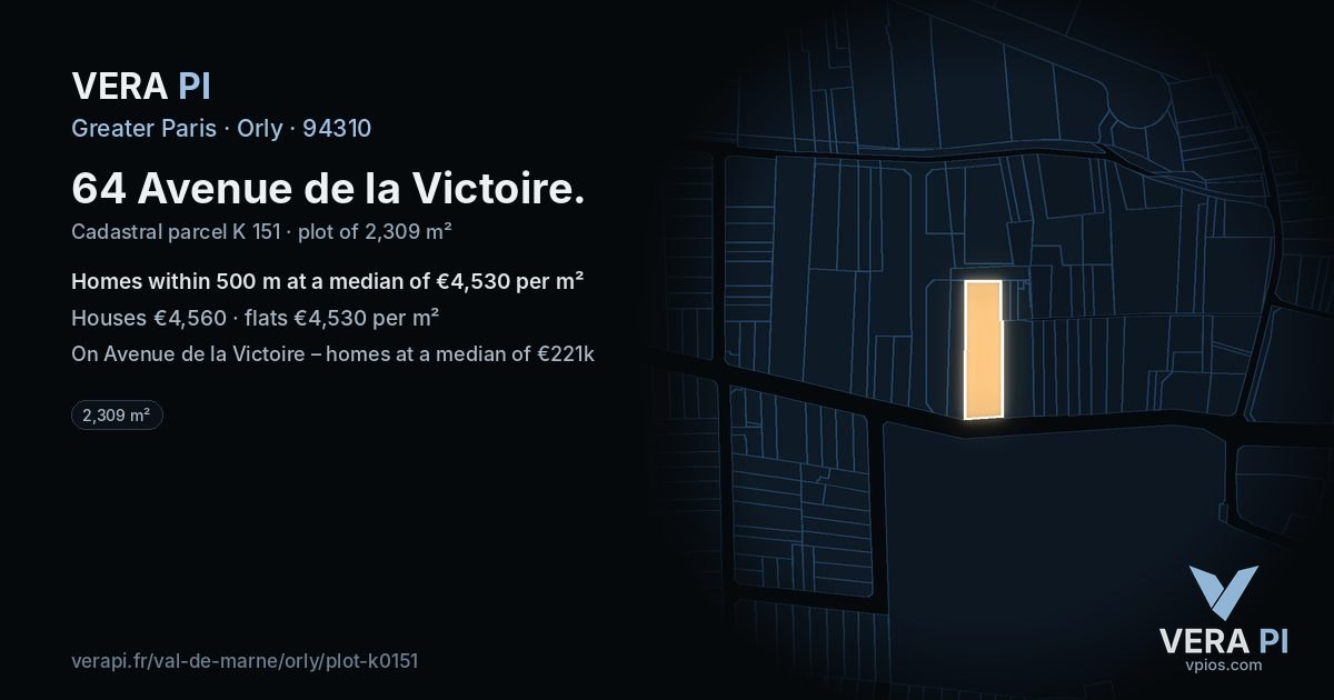 64 Avenue de la Victoire, Orly at night – the plot lit, the parcels around coloured by the prices near them