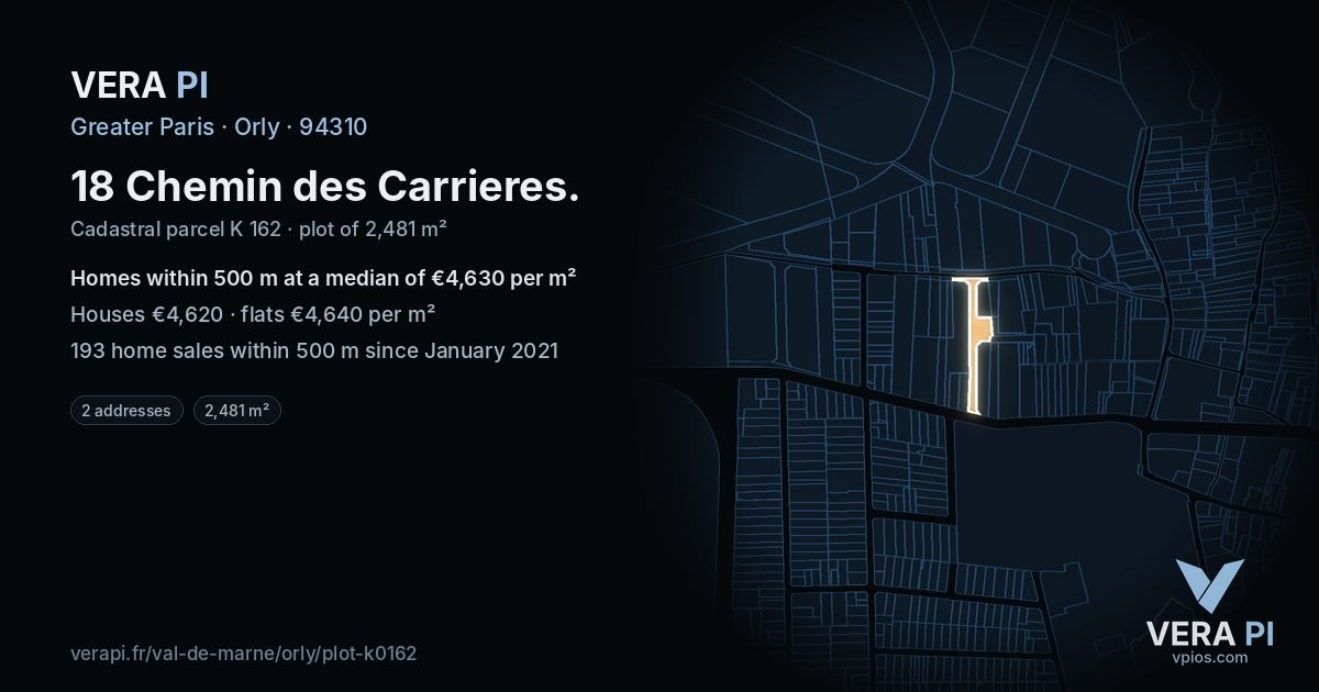 18 Chemin des Carrieres, Orly at night – the plot lit, the parcels around coloured by the prices near them