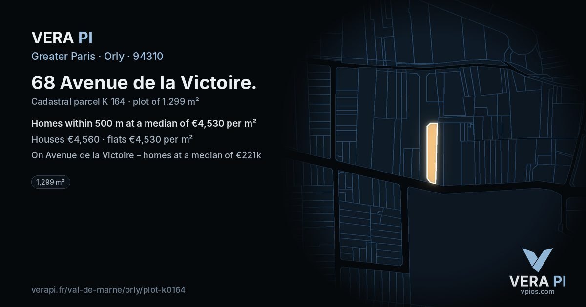 68 Avenue de la Victoire, Orly at night – the plot lit, the parcels around coloured by the prices near them
