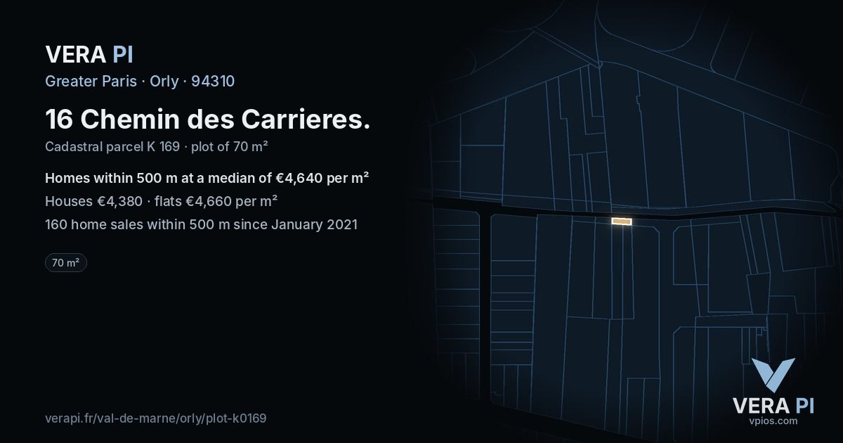 16 Chemin des Carrieres, Orly at night – the plot lit, the parcels around coloured by the prices near them