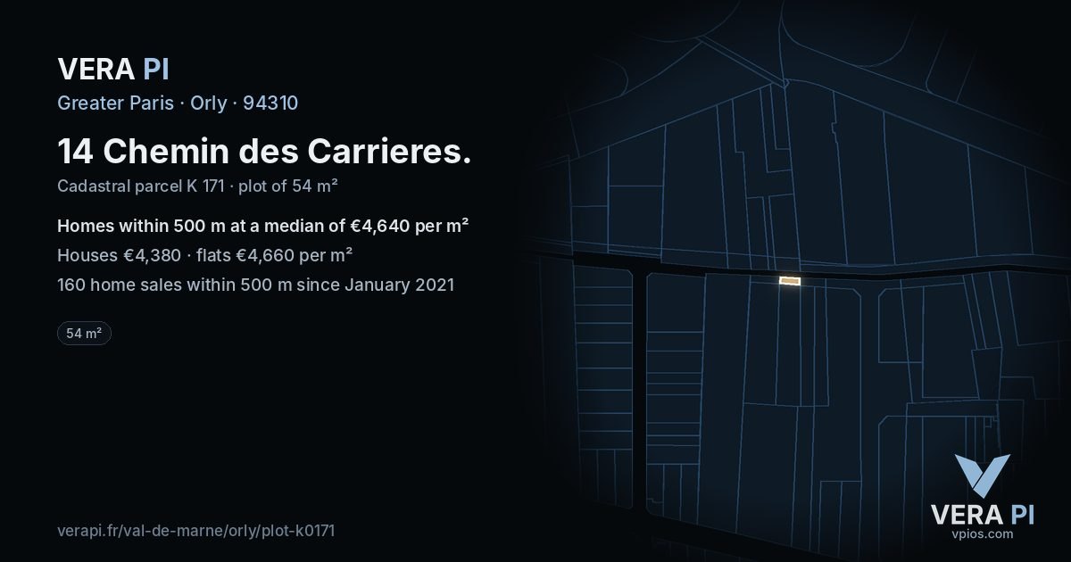 14 Chemin des Carrieres, Orly at night – the plot lit, the parcels around coloured by the prices near them