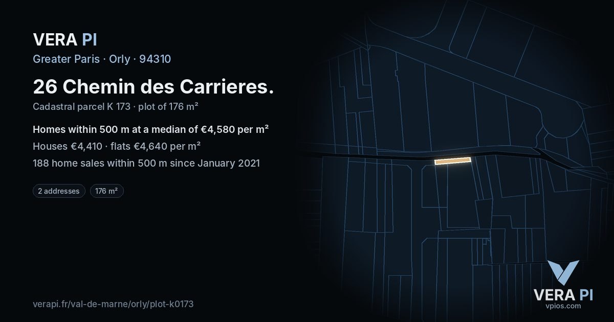 26 Chemin des Carrieres, Orly at night – the plot lit, the parcels around coloured by the prices near them