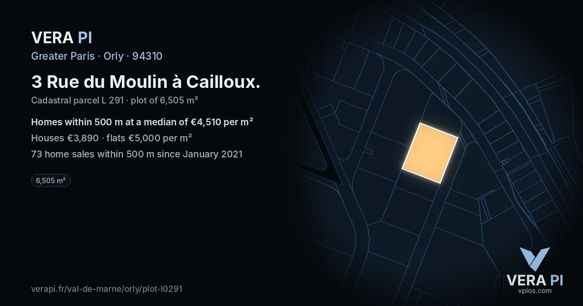 3 Rue du Moulin à Cailloux, Orly at night – the plot lit, the parcels around coloured by the prices near them