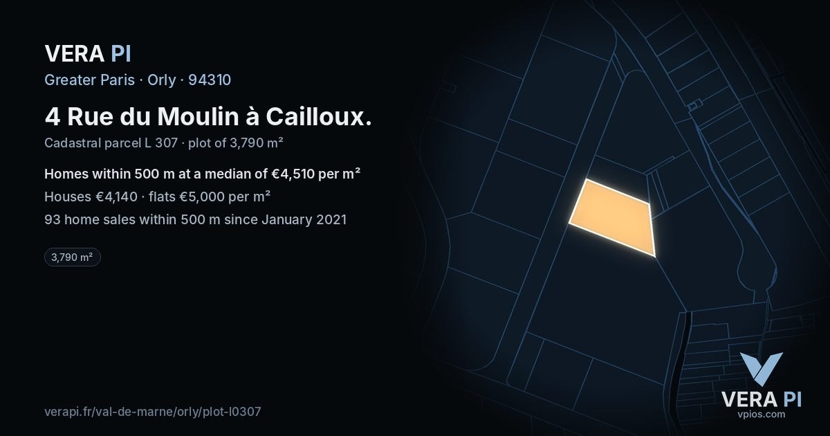 4 Rue du Moulin à Cailloux, Orly at night – the plot lit, the parcels around coloured by the prices near them