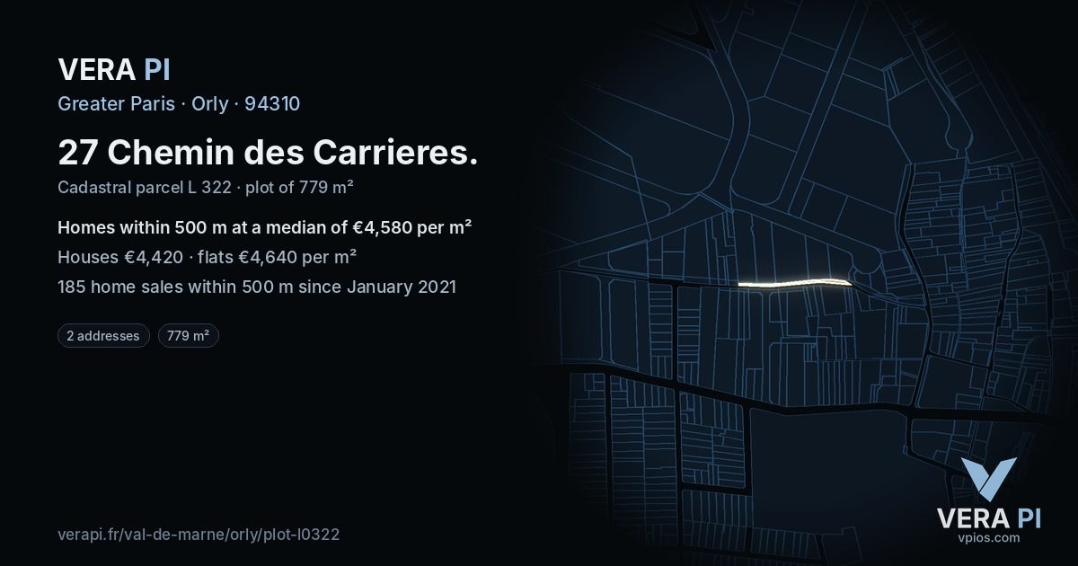 27 Chemin des Carrieres, Orly at night – the plot lit, the parcels around coloured by the prices near them