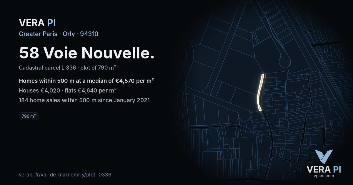 58 Voie Nouvelle, Orly at night – the plot lit, the parcels around coloured by the prices near them