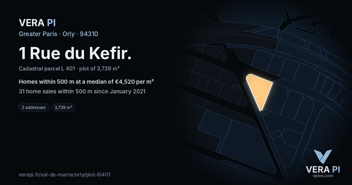 1 Rue du Kefir, Orly at night – the plot lit, the parcels around coloured by the prices near them