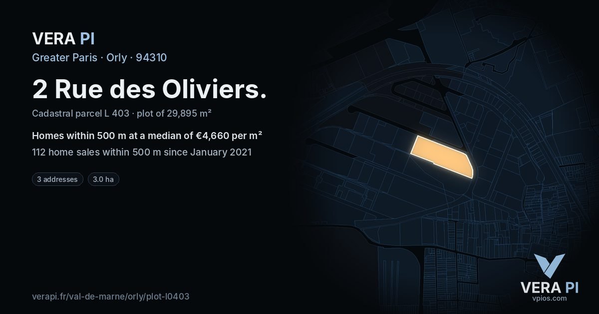 2 Rue des Oliviers, Orly at night – the plot lit, the parcels around coloured by the prices near them