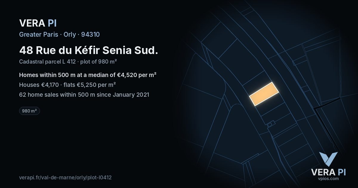 48 Rue du Kéfir Senia Sud, Orly at night – the plot lit, the parcels around coloured by the prices near them