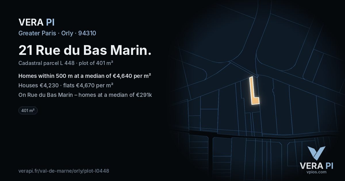21 Rue du Bas Marin, Orly at night – the plot lit, the parcels around coloured by the prices near them