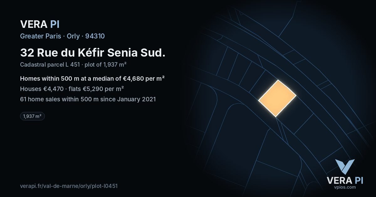 32 Rue du Kéfir Senia Sud, Orly at night – the plot lit, the parcels around coloured by the prices near them