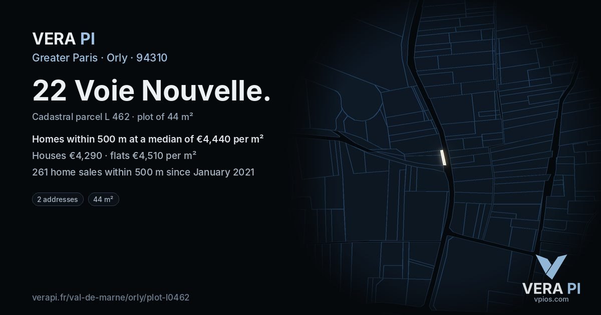 22 Voie Nouvelle, Orly at night – the plot lit, the parcels around coloured by the prices near them