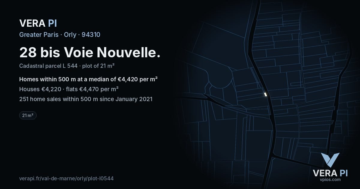 28 bis Voie Nouvelle, Orly at night – the plot lit, the parcels around coloured by the prices near them