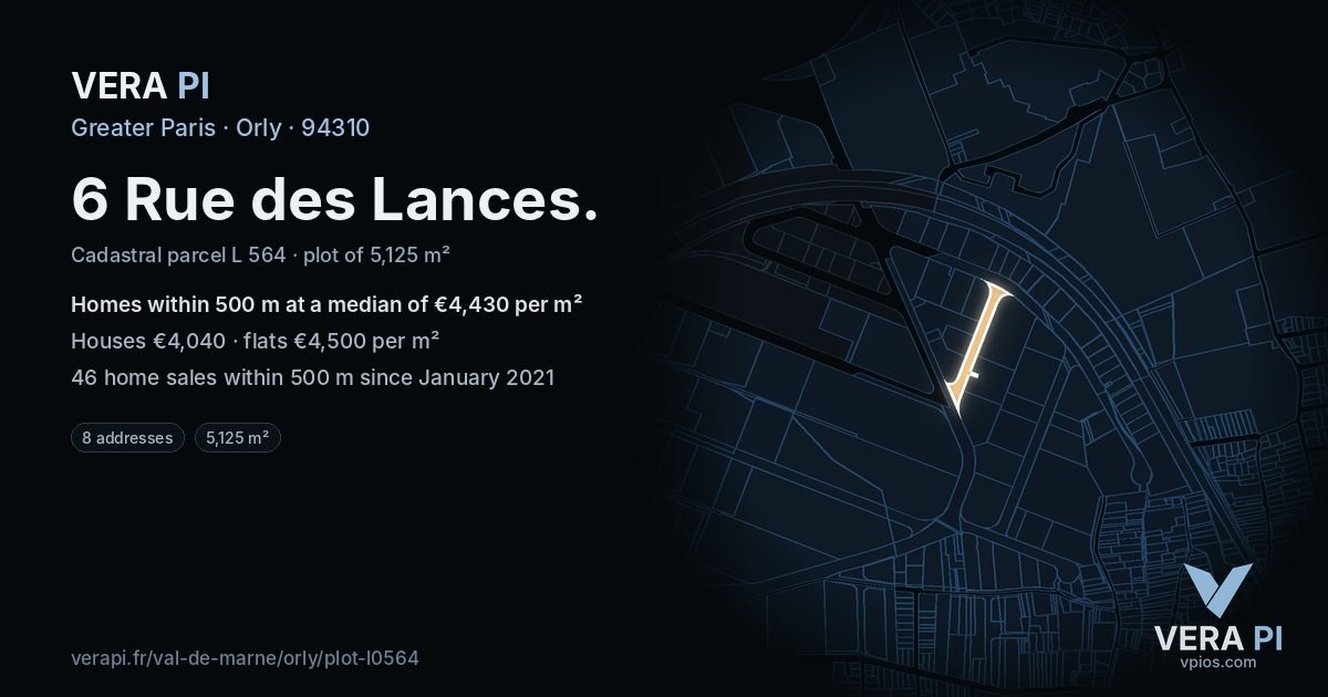 6 Rue des Lances, Orly at night – the plot lit, the parcels around coloured by the prices near them