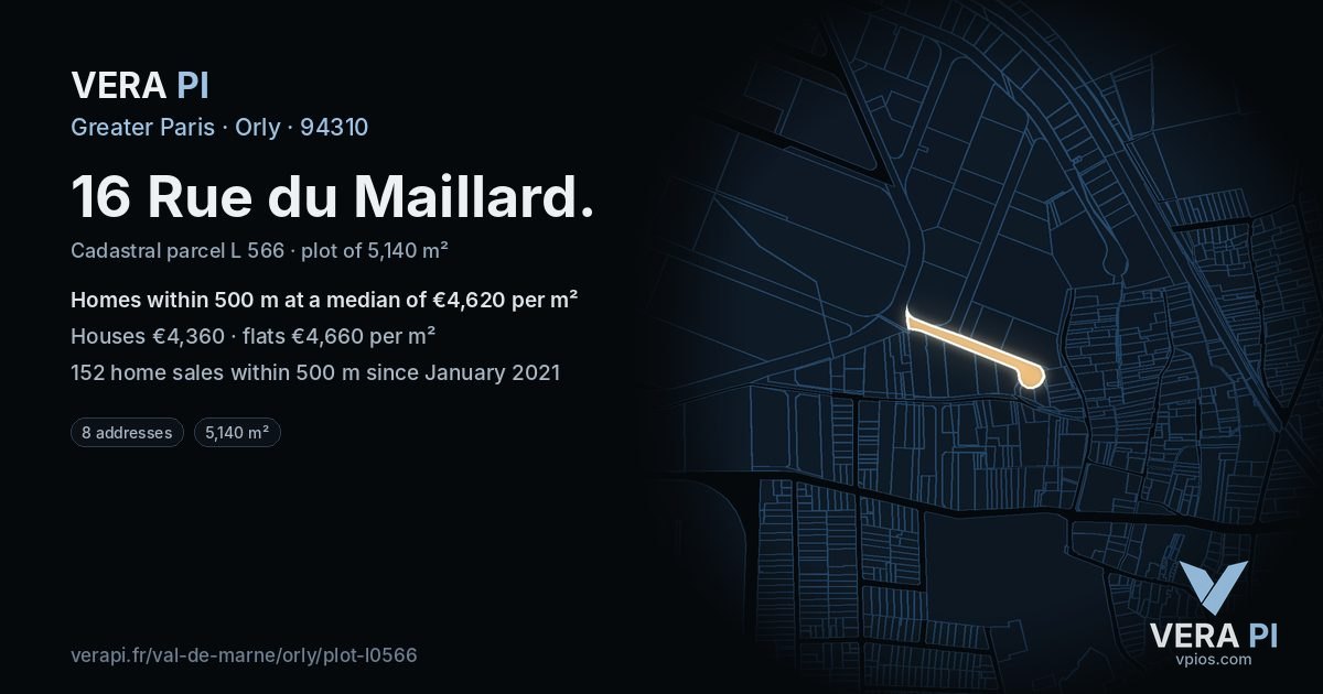16 Rue du Maillard, Orly at night – the plot lit, the parcels around coloured by the prices near them