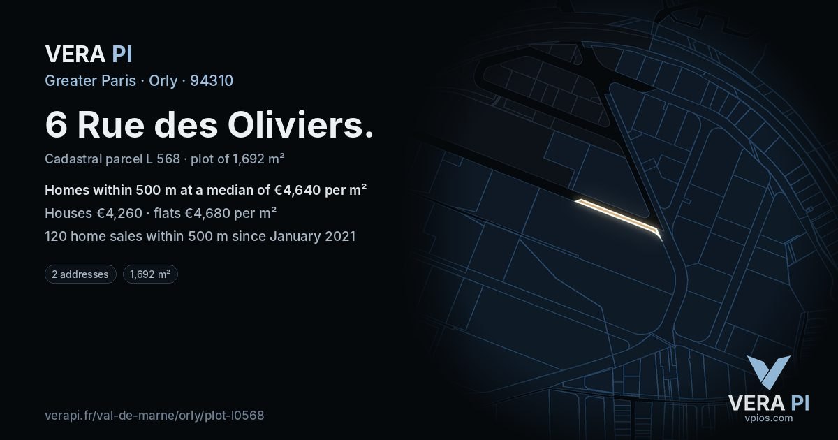 6 Rue des Oliviers, Orly at night – the plot lit, the parcels around coloured by the prices near them