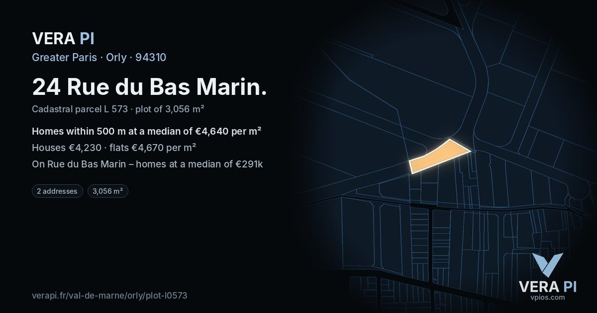 24 Rue du Bas Marin, Orly at night – the plot lit, the parcels around coloured by the prices near them