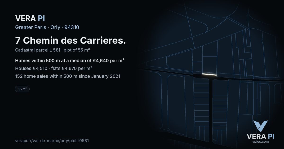 7 Chemin des Carrieres, Orly at night – the plot lit, the parcels around coloured by the prices near them